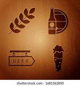 Set Glass of beer, Cereals set with rice, wheat, corn, oats, rye, barley, Street signboard with inscription Beer and Beer bottle and wooden barrel on wooden background. Vector