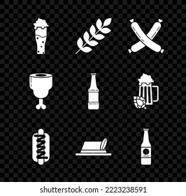 Set Glass of beer, Cereals set with rice, wheat, corn, oats, rye, barley, Crossed sausage, Hotdog sandwich mustard, Oktoberfest hat, Beer bottle, Chicken leg and  icon. Vector