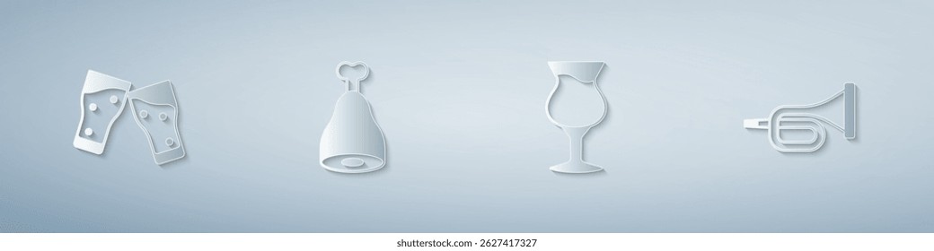 Set Glass of beer, Chicken leg,  and Trumpet. Paper art style. Vector