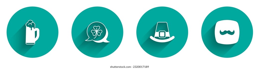 Set Glass of beer, Clover trefoil leaf, Leprechaun hat and Mustache icon with long shadow. Vector