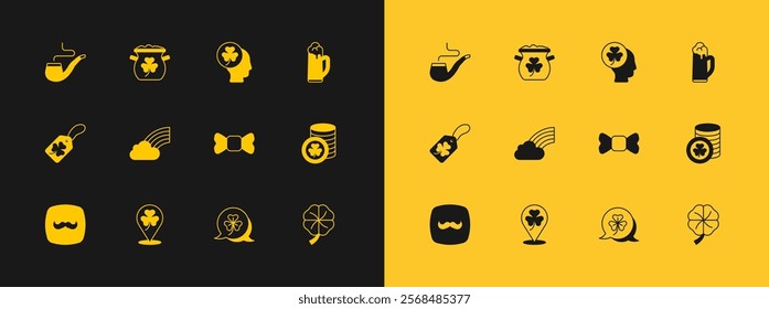 Set Glass of beer, Clover trefoil leaf, Bow tie, Rainbow with cloud, Head clover, Smoking pipe and Pot gold coins icon. Vector