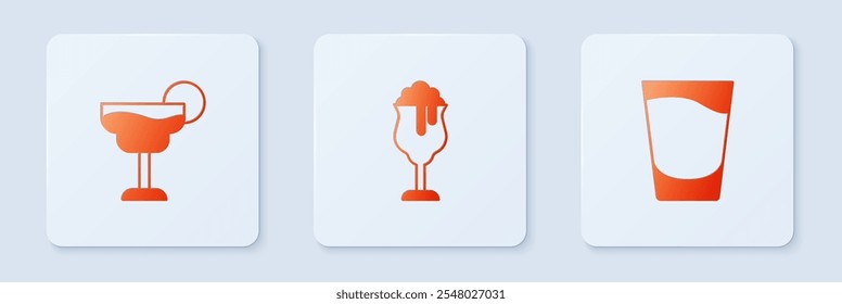 Set Glass of beer, Cocktail and Shot glass. White square button. Vector