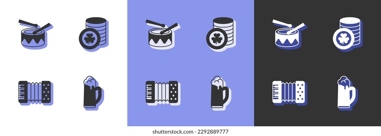 Set Glass of beer, Drum with drum sticks, Accordion and Golden leprechaun coin icon. Vector