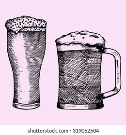 set of glass of the beer with foam, doodle style, sketch illustration