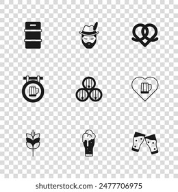 Set Glass of beer, Heart with glass, Wooden barrel, Pretzel, Metal keg, Oktoberfest man and Street signboard icon. Vector