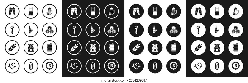 Set Glass of beer and hop, Beer bottle, Bottle opener, Wooden barrel on rack with stopcock, Lederhosen, Metal keg and Cereals set rice, wheat, corn, oats, rye, barley icon. Vector