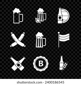 Set Glass of beer, and hop, Beer bottle wooden barrel, Crossed, Bottle cap with inscription, sausage and Wooden mug icon. Vector