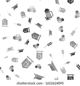 Set Glass of beer and hop, Oktoberfest hat, Cereals set with rice, wheat, corn, oats, rye, barley and Street signboard with glass of beer on seamless pattern. Vector