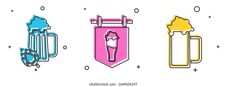 Set Glass of beer and hop, Street signboard with glass of beer and Glass of beer icon. Vector