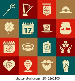 Set Glass of beer, Human hands holding four leaf clover, whiskey, Street signboard with, Saint Patrick's day calendar, Four, Walking stick and Leprechaun hat icon. Vector