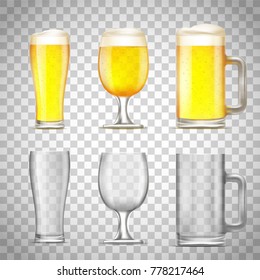 Set of glass of beer and jug, empty and with alcohol on a transparent background. Stock vector illustration.