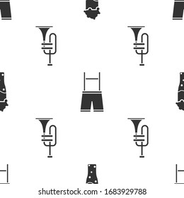 Set Glass of beer, Lederhosen and Musical instrument trumpet on seamless pattern. Vector