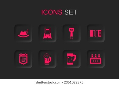 Set Glass of beer, Lederhosen, Oktoberfest hat, Accordion, Pack bottles, Bottle opener and Street signboard with icon. Vector