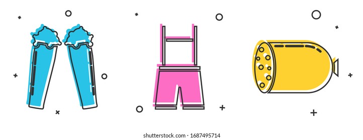 Set Glass of beer, Lederhosen and Salami sausage icon. Vector