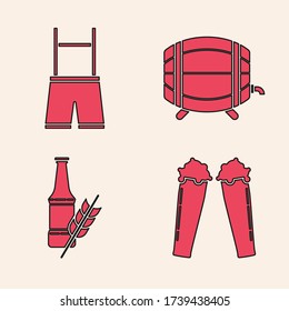 Set Glass of beer, Lederhosen, Wooden barrel on rack with stopcock and Beer bottle icon. Vector