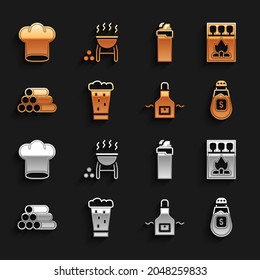 Set Glass of beer, Matchbox and matches, Salt, Kitchen apron, Wooden logs, Lighter, Chef hat and Barbecue grill icon. Vector