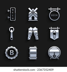 Set Glass of beer, Metal keg, Wooden barrel on rack with stopcock, Street signboard glass, Bottle cap inscription, opener, Beer and  icon. Vector