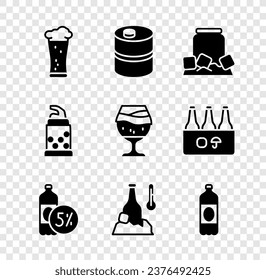 Juego Vidrio de cerveza, barril de metal, lata fría, botella de cerveza, plástico, abrebotellas de botella e icono. Vector