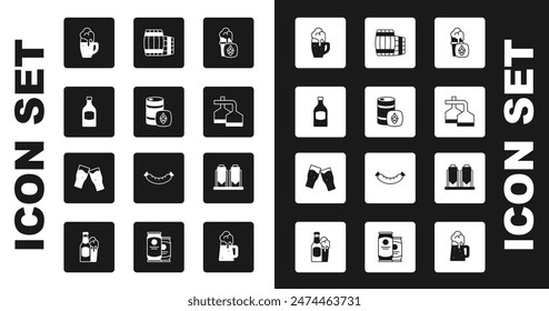 Set Glass of beer, Metal keg, Beer bottle, brewing process, Wooden barrel,  and  icon. Vector