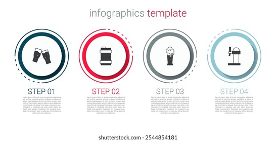 Set Vidro de cerveja, barril de metal e dispensador. Modelo de infográfico comercial. Vetor