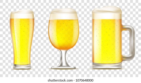 Set of glass of beer. Mug with alcohol on a transparent background. Stock vector illustration.