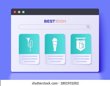 Set Glass of beer, Musical instrument trumpet and Street signboard with glass of beer icon. Vector