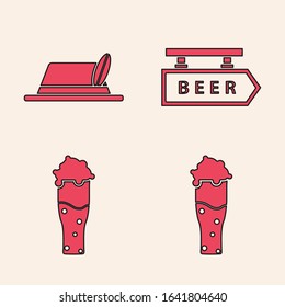 Set Glass of beer, Oktoberfest hat, Street signboard with inscription Beer and Glass of beer icon. Vector