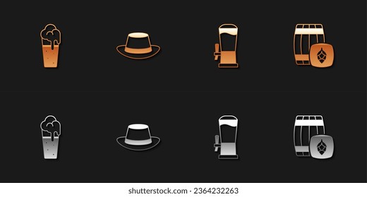 Set Glass of beer, Oktoberfest hat, Beer tap and Wooden barrel icon. Vector