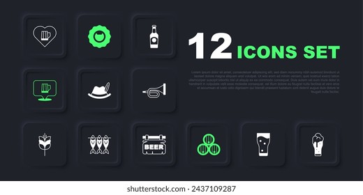 Set Glass of beer, Oktoberfest hat, Wooden barrel, mug, Dried fish, Bottle opener and Street signboard with Beer icon. Vector