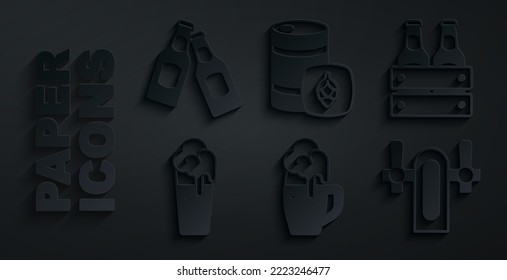 Set Glass of beer, Pack bottles, Beer tap, Metal keg and  icon. Vector
