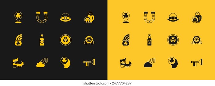 Set Glas Bier, Regenbogen mit Wolke, Goldene Leprechaun Münze, Kopf Kleeblatt, Bierflasche, Leprechaun Hut, Klee und Hufeisen-Ikone. Vektorgrafik