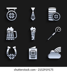 Set Glass of beer, Saint Patricks Day flyer, brochure, postcard, Rainbow with cloud, Walking stick, Horseshoe four leaf clover, Wooden mug, Gold coin and Street signboard icon. Vector