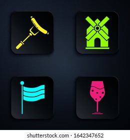 Set Glass of beer, Sausage on the fork, National Germany flag and Windmill. Black square button. Vector