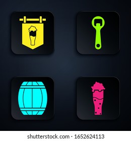 Set Glass of beer, Street signboard with glass of beer, Wooden barrel and Bottle opener. Black square button. Vector
