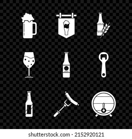 Set Glass of beer, Street signboard with glass, Beer bottle, Sausage on the fork, Wooden barrel rack stopcock,  and  icon. Vector