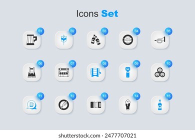 Set Glass of beer, Street signboard with Beer, Wheat, Wooden mug, bottle, barrel,  and on rack icon. Vector