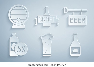 Set Glass of beer, Street signboard with Beer, bottle,  and Wooden barrel on rack icon. Vector