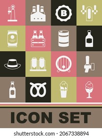 Set Glass of beer, Beer tap, bottle, Bottle cap with, Pack bottles, can,  and Metal keg icon. Vector