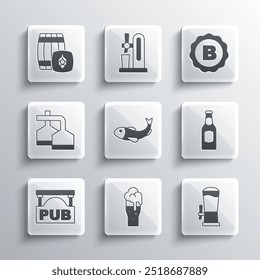 Set Glass of beer, Beer tap, bottle, Dried fish, Street signboard with Pub, brewing process, Wooden barrel and Bottle cap icon. Vector