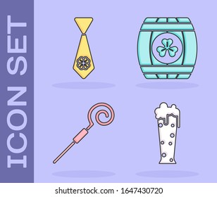 Set Glass of beer, Tie with four leaf clover, Walking stick and Wooden barrel with four leaf clover icon. Vector
