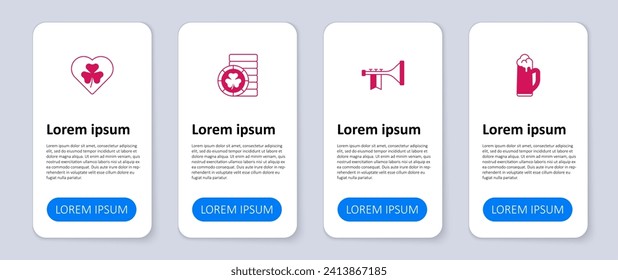 Set Glas Bier, Trumpet, Golden Leprechaun Münze und Herz mit Kleeblatt. Infografik-Vorlage für Unternehmen. Vektorgrafik