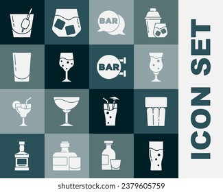 Set Glass of beer, with water, Street signboard Bar, champagne, Cocktail Bloody Mary and  icon. Vector