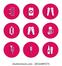 Set Glass of beer, wheat, corn, oats, rye, barley, Beer bottle and glass, hop, Musical instrument trumpet, Hotdog sandwich mustard,  and Street signboard inscription icon. Vector