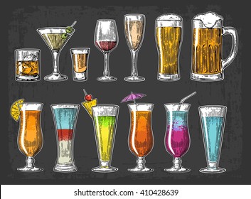 Set Glass Beer, Whiskey, Wine, Tequila, Cognac, Champagne, Cocktails. Vintage Vector Engraving Illustration For Web, Poster, Menu, Invitation To Summer Beach Party. Isolated On Dark Background.