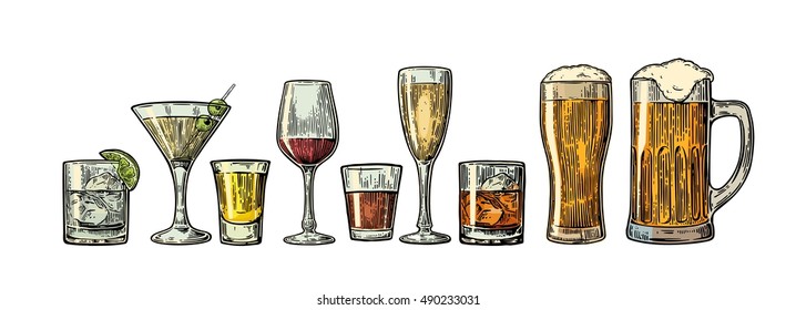 Set glass beer, whiskey, wine, gin, rum, tequila, cognac, champagne, cocktail. Vector engraved vintage illustration isolated on white background.