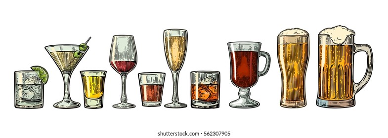 Set glass beer, whiskey, wine, gin, rum, tequila, cognac, champagne, cocktail and grog. Vector engraved color vintage illustration isolated on white background