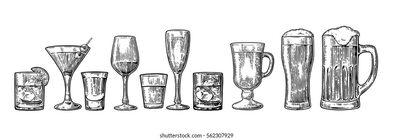 Set glass beer, whiskey, wine, tequila, cognac, champagne, cocktails and grog. Vector engraved black vintage illustration isolated on white background.