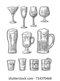 Set glass beer, whiskey, wine, gin, rum, tequila, cognac, champagne, cocktail. Vector engraved black vintage illustration isolated on white background