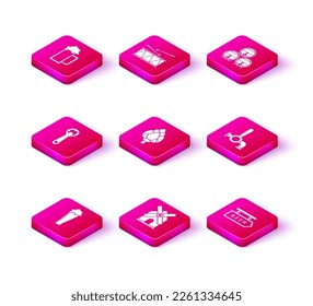 Set Glass of beer, Windmill, Bottle opener, Hop, Street signboard with inscription Beer, tap, Wooden barrel rack stopcock and Musical instrument drum and drum sticks icon. Vector
