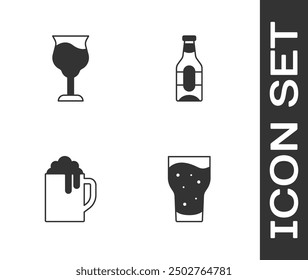 Set Glass of beer, Wine glass, Wooden mug and Beer bottle icon. Vector
